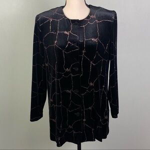 R & M RICHARDS black velvet jacket w/glitter lines and tiny bows in glitter. EUC